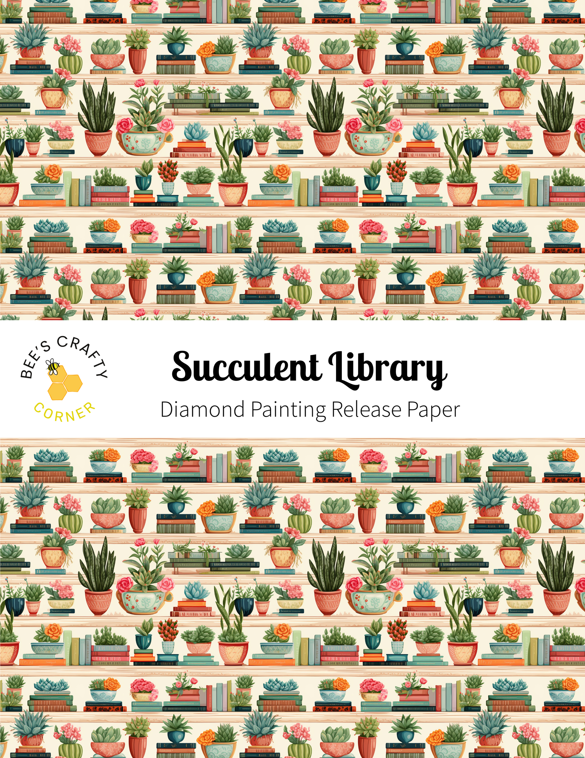 The image is a repeating pattern of various potted plants and books, creating a visually appealing and harmonious design.