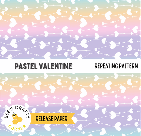 The image is a repeating pattern of pastel-colored hearts on a gradient background, with the text "PASTEEL VALENTINE" and "REPEATING PATTERN" visible.