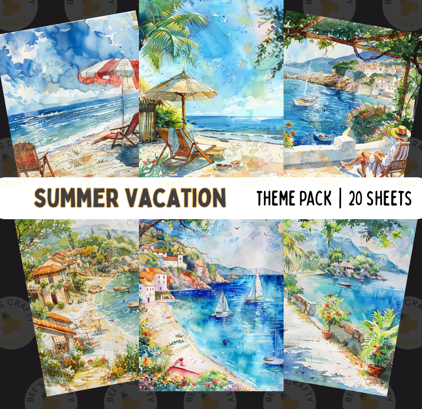 The image is a collage of six watercolor paintings depicting various beach scenes, including a beach, ocean, and boats.