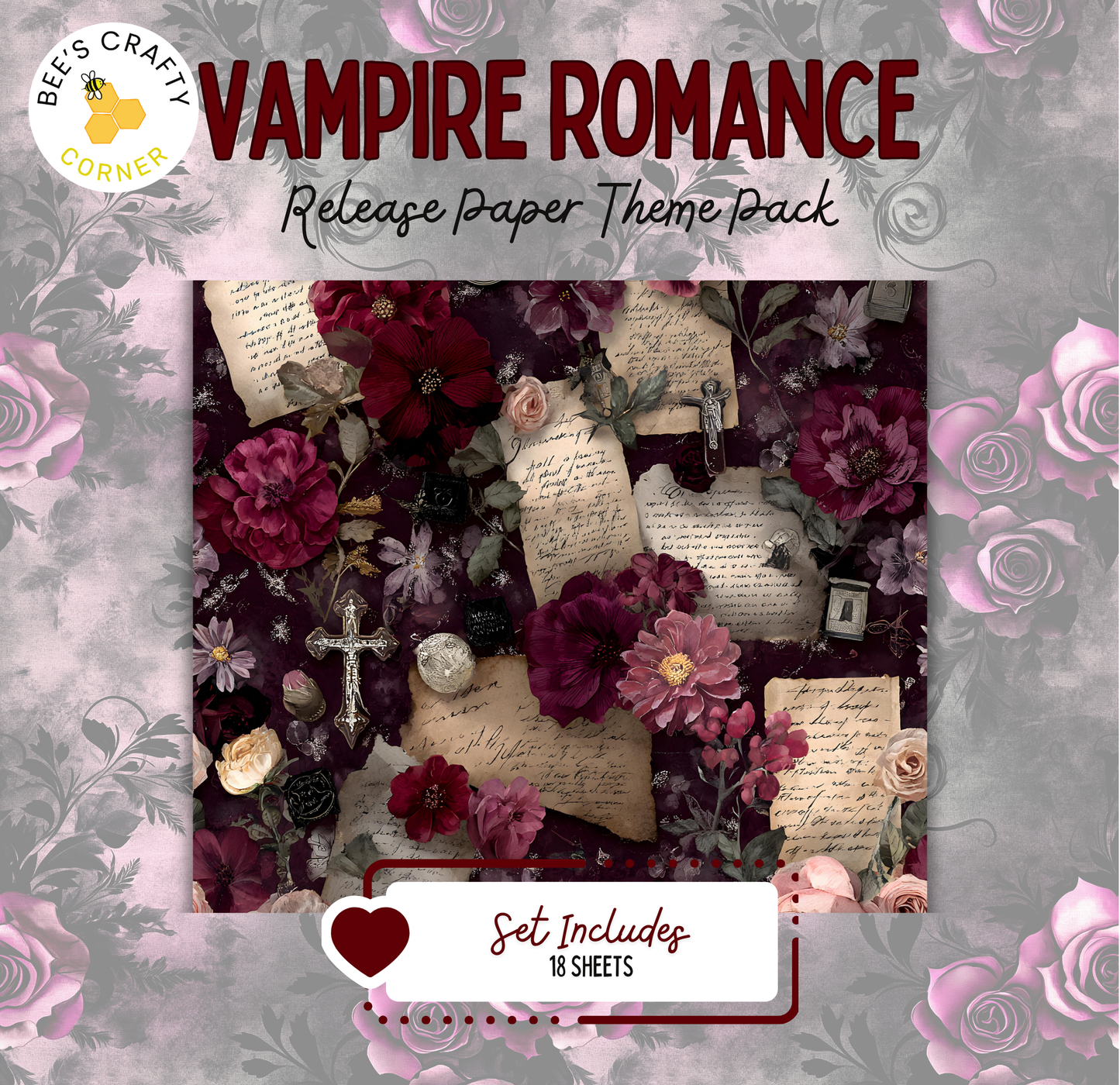 The image is a collage of various floral elements, including roses, flowers, and aged papers, arranged in a visually appealing manner.