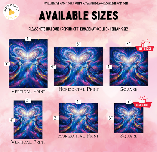 The image is a collection of six different artistic interpretations of a cosmic scene, each with a unique size and style. The sizes range from 4" to 5" and the styles include vertical prints, horizontal prints, and square prints. The image is a collage of these six images, and the text provides information about the available sizes and styles.