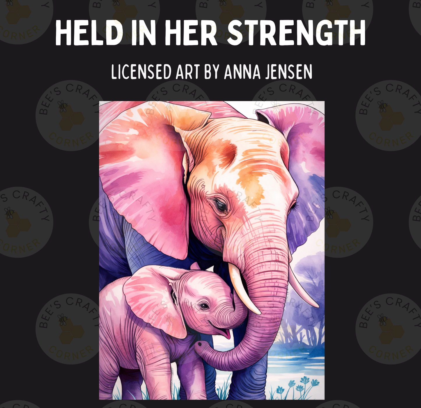 The image is a painting of a mother elephant and her baby elephant, both with large ears and tusks, standing close together.
