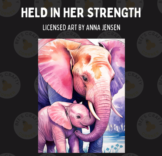 The image is a painting of a mother elephant and her baby elephant, both with large ears and tusks, standing close together.