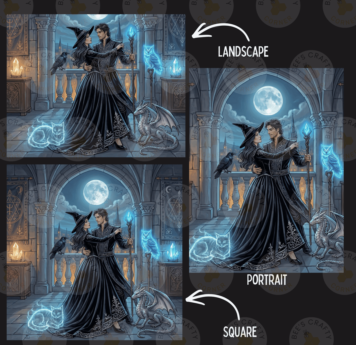 The image is a collage of three pictures depicting a couple in a romantic setting, surrounded by fantasy elements such as a castle, a moon, and various mythical creatures.