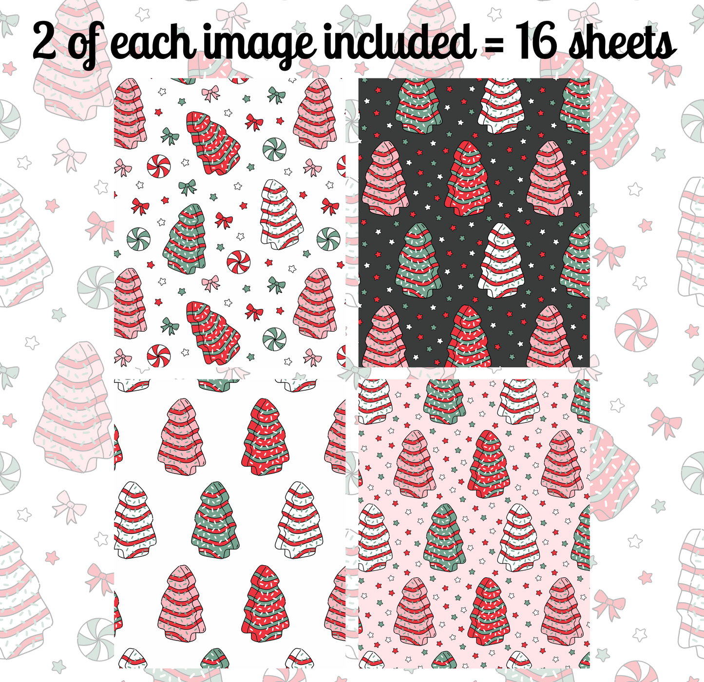 a collage of four different Christmas tree patterns, each with a unique design and color scheme. The patterns include a variety of Christmas trees, candy canes, and other festive elements, creating a festive and holiday-themed composition.