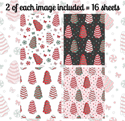 a collage of four different Christmas tree patterns, each with a unique design and color scheme. The patterns include a variety of Christmas trees, candy canes, and other festive elements, creating a festive and holiday-themed composition.