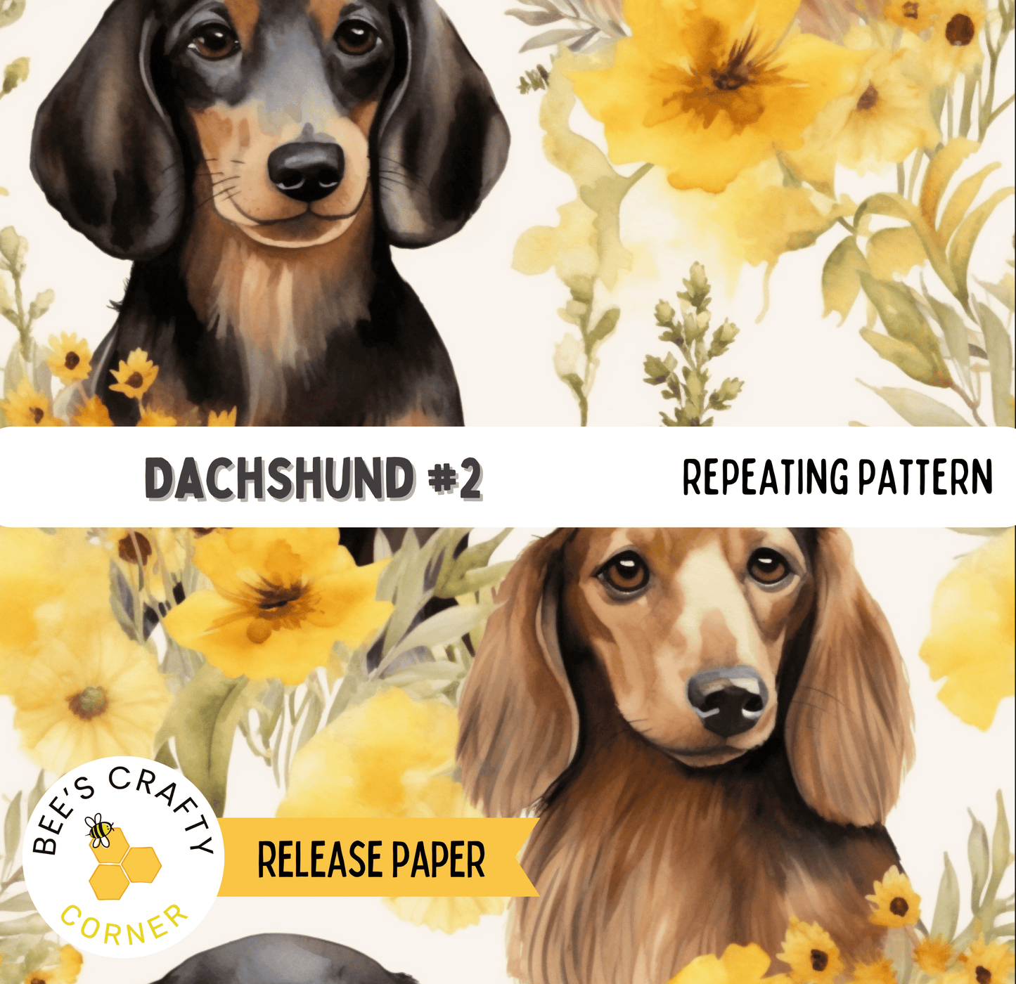 The image is a collage of two images featuring a dachshund dog surrounded by yellow flowers. The collage includes a close-up of the dachshund's face and a side view of the dog's body. The background of the collage is white, with yellow flowers scattered throughout.