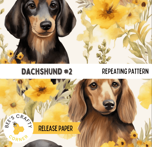 The image is a collage of two images featuring a dachshund dog surrounded by yellow flowers. The collage includes a close-up of the dachshund's face and a side view of the dog's body. The background of the collage is white, with yellow flowers scattered throughout.