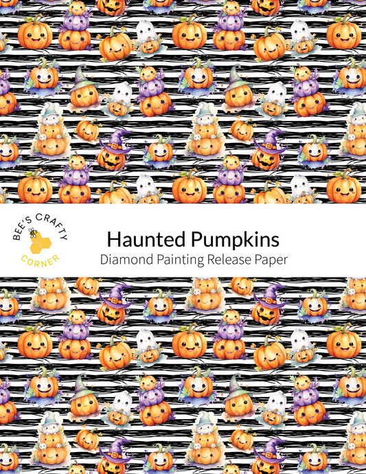 The image is a repeating pattern of various Halloween-themed pumpkins and ghost decorations arranged in a diagonal line across a black and white striped background.