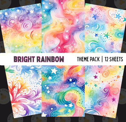 The image is a theme pack containing 12 colorful and vibrant backgrounds, including a bright rainbow, stars, swirls, and other abstract patterns.