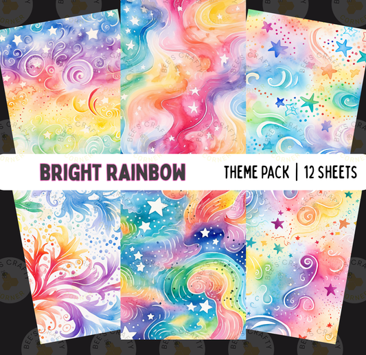 The image is a theme pack containing 12 colorful and vibrant backgrounds, including a bright rainbow, stars, swirls, and other abstract patterns.