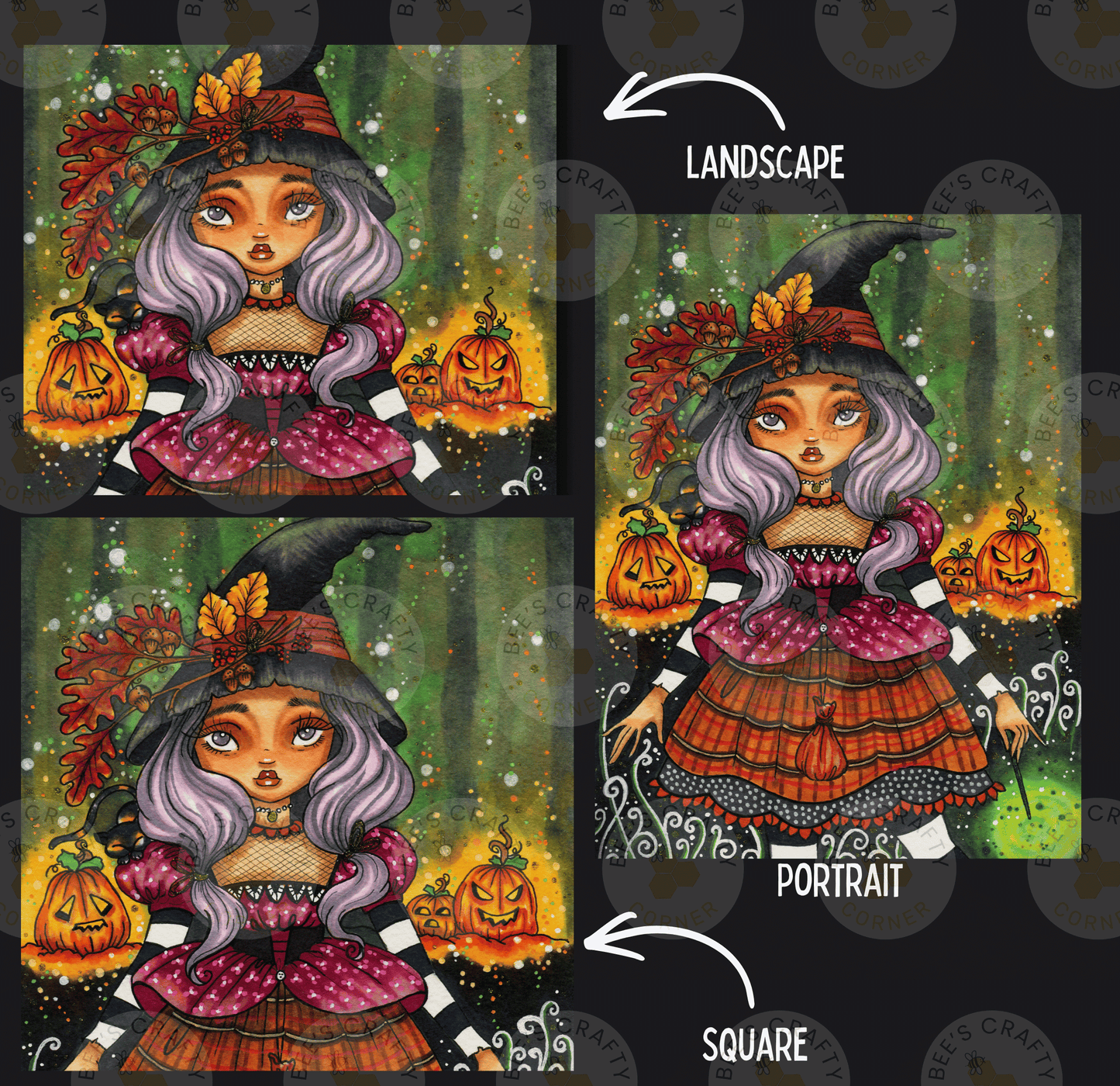 The image is a collage of three images depicting a young girl dressed as a witch, surrounded by pumpkins and autumn leaves.