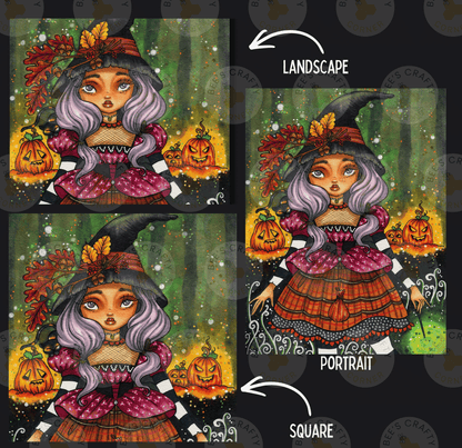 The image is a collage of three images depicting a young girl dressed as a witch, surrounded by pumpkins and autumn leaves.