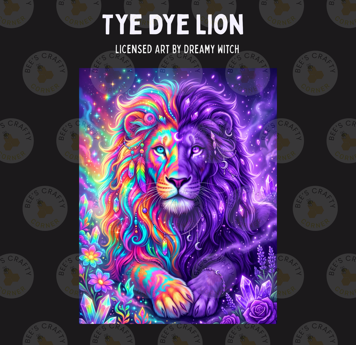 The image is a vibrant and colorful illustration of a lion with a rainbow mane, surrounded by a galaxy-like background with stars and other celestial elements.