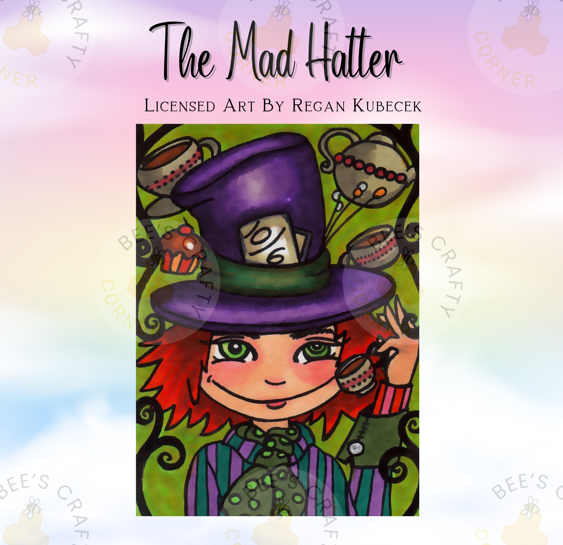 The image is a colorful illustration of a character wearing a purple hat with various whimsical and fantastical elements, such as teapots, cups, and a clock.