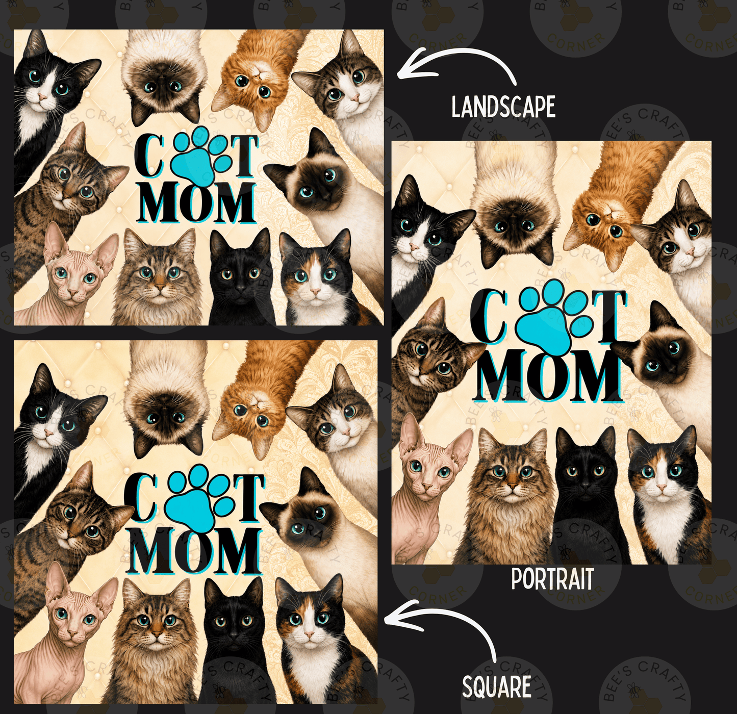 The image is a collage of two pictures featuring a group of cats, with the title "CAT MOM" prominently displayed. The collage includes both landscape and portrait views of the cats, with the landscape image showing the cats in a larger format and the portrait image in a smaller format.