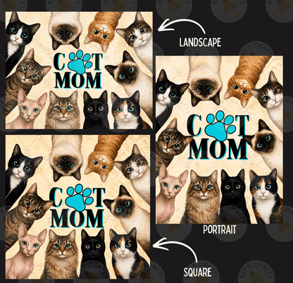The image is a collage of two pictures featuring a group of cats, with the title "CAT MOM" prominently displayed. The collage includes both landscape and portrait views of the cats, with the landscape image showing the cats in a larger format and the portrait image in a smaller format.