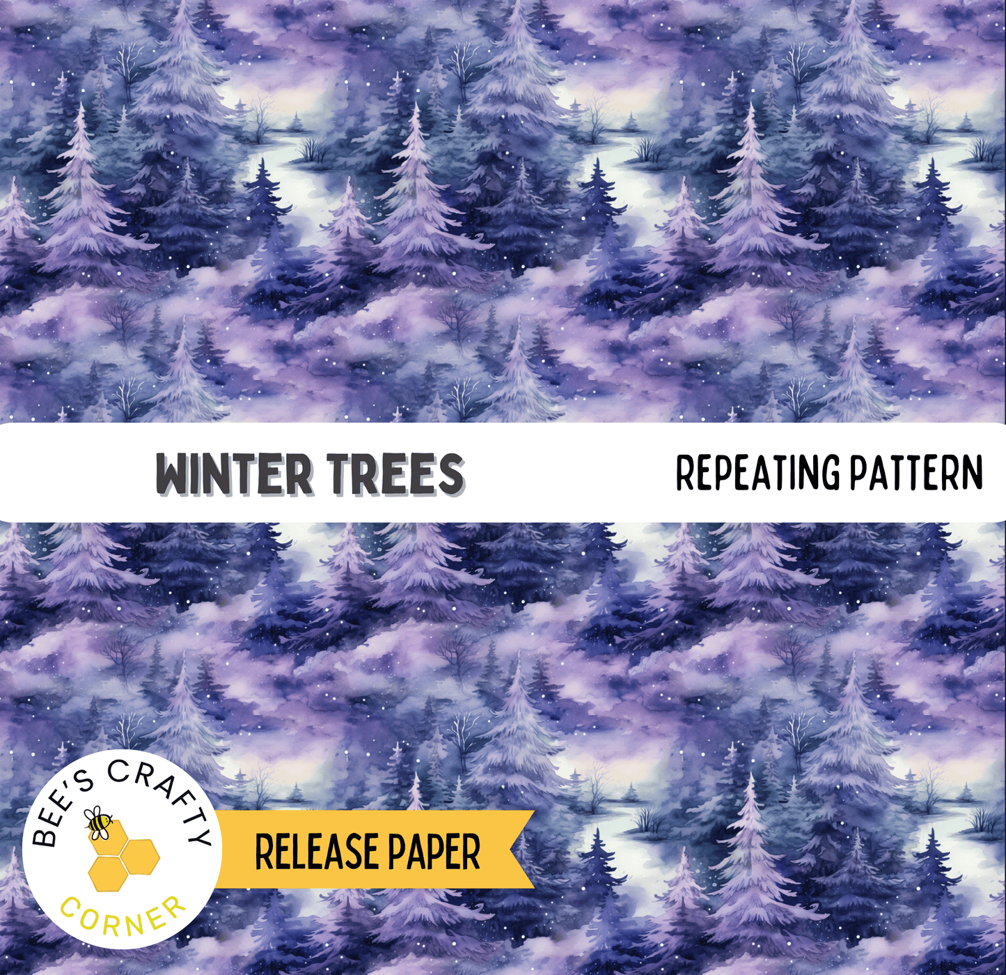 The image is a repeating pattern of winter trees, with a mix of purple and white colors. The pattern is designed to resemble a snowy forest landscape.