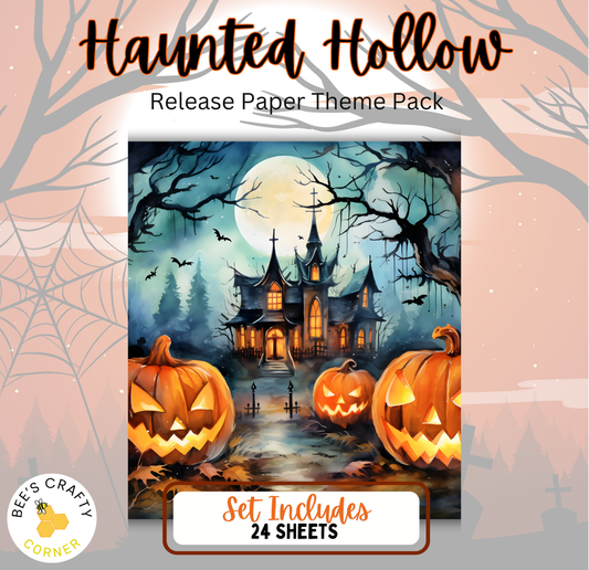 The image is a Halloween-themed release paper theme pack that includes 24 sheets of paper with a spooky illustration of a castle, jack-o-lanterns, and a full moon.