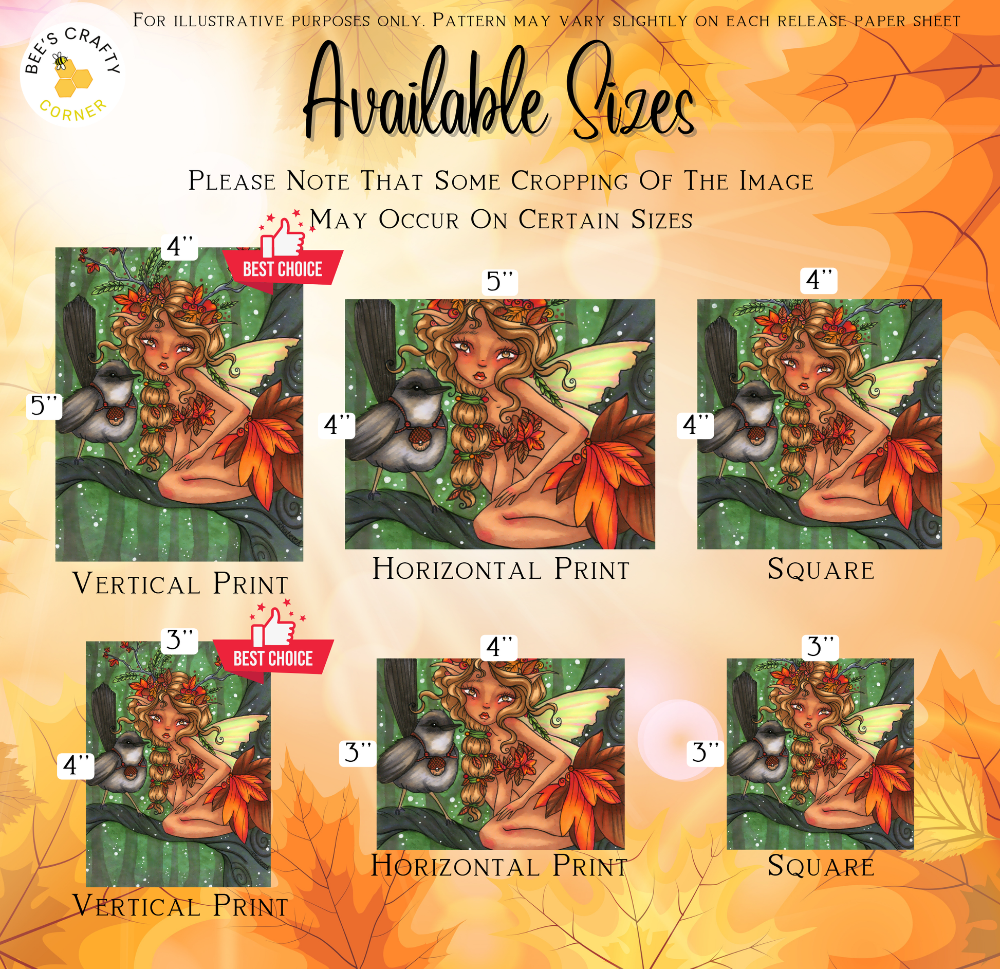The image is a collection of six different sizes of illustrations of a fairy, each with a unique style and color scheme. The illustrations are arranged in a grid format, with three illustrations in each row and two illustrations in each column. The sizes of the illustrations vary, ranging from 4" to 5" in height. The illustrations are designed to be used as wall art or other decorative items, and they feature a whimsical and fantastical style.