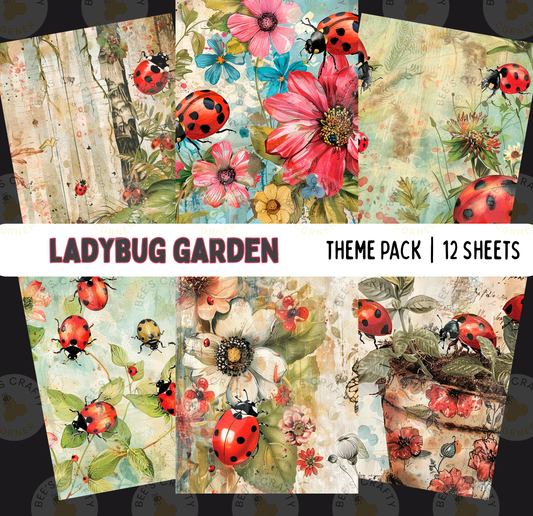 The image is a collage of various floral and ladybug-themed images, including flowers, leaves, and ladybugs.