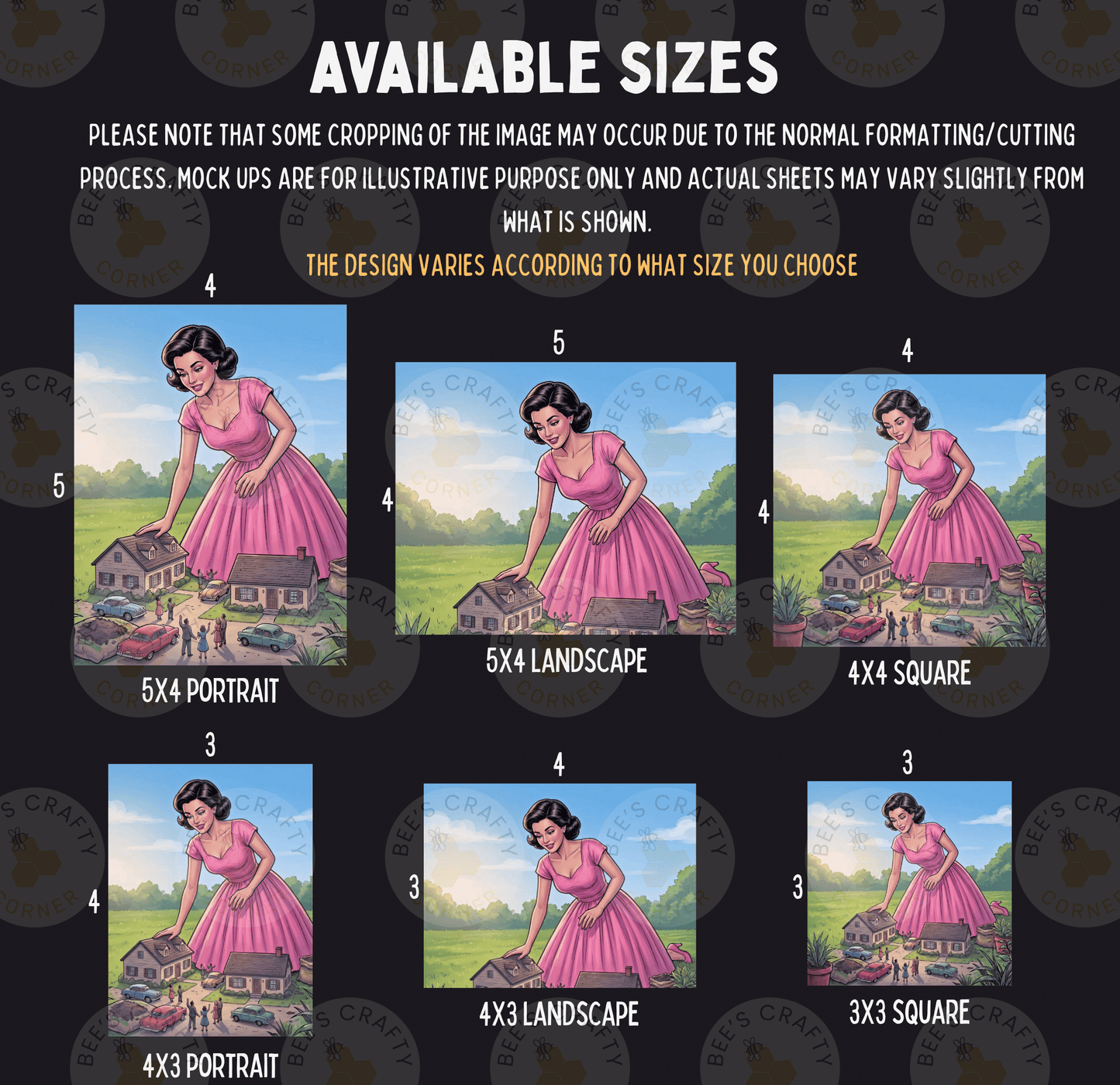 six different sizes of illustrations featuring a woman in a pink dress, with varying landscapes and settings.