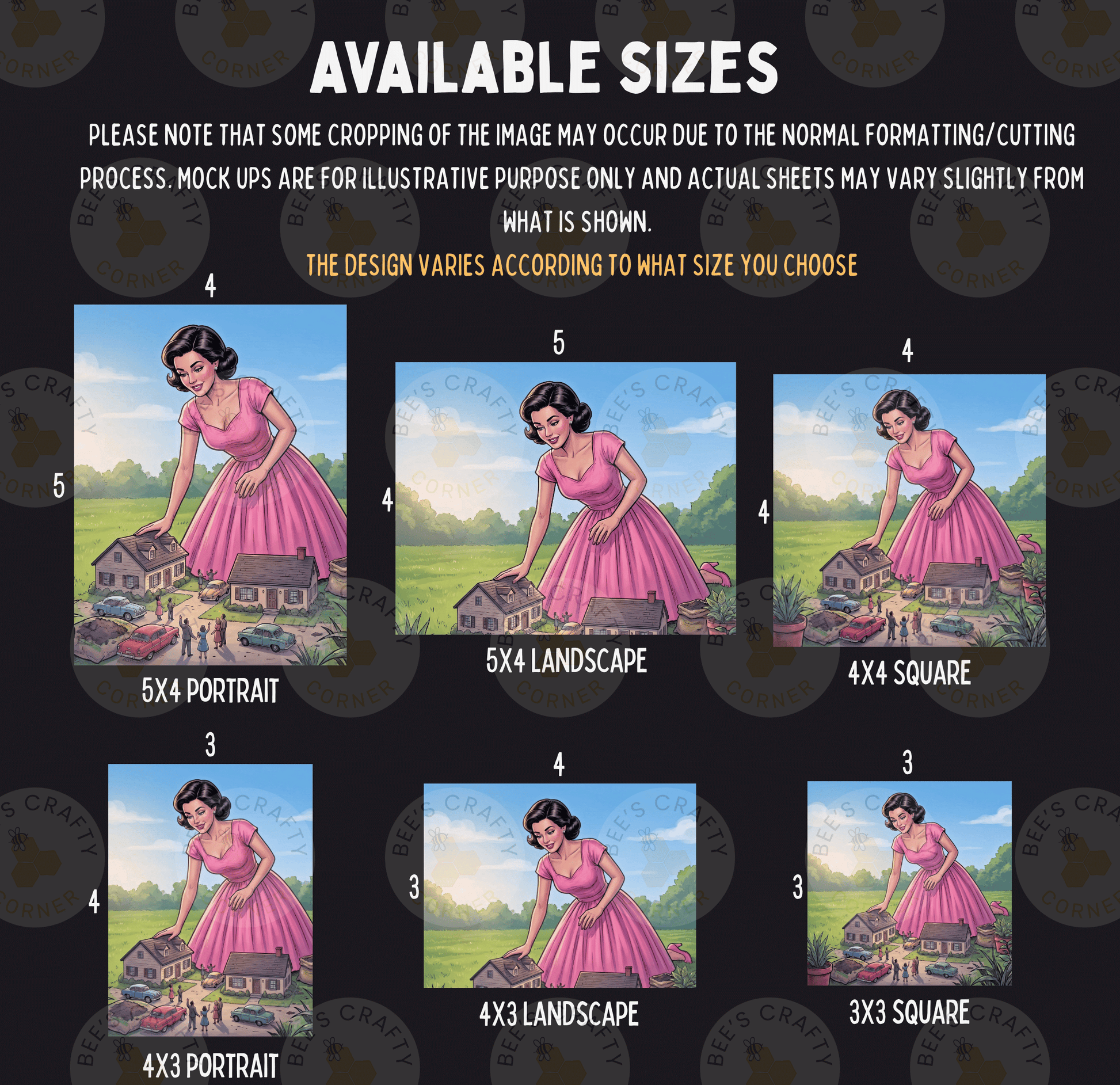six different sizes of illustrations featuring a woman in a pink dress, with varying landscapes and settings.
