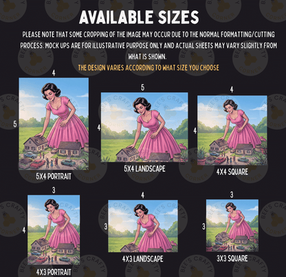 six different sizes of illustrations featuring a woman in a pink dress, with varying landscapes and settings.