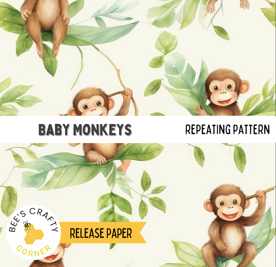 The image is a repeating pattern of baby monkeys sitting on leaves, with the text "BABY MONKEYS" and "REPEATING PATTERN" visible.