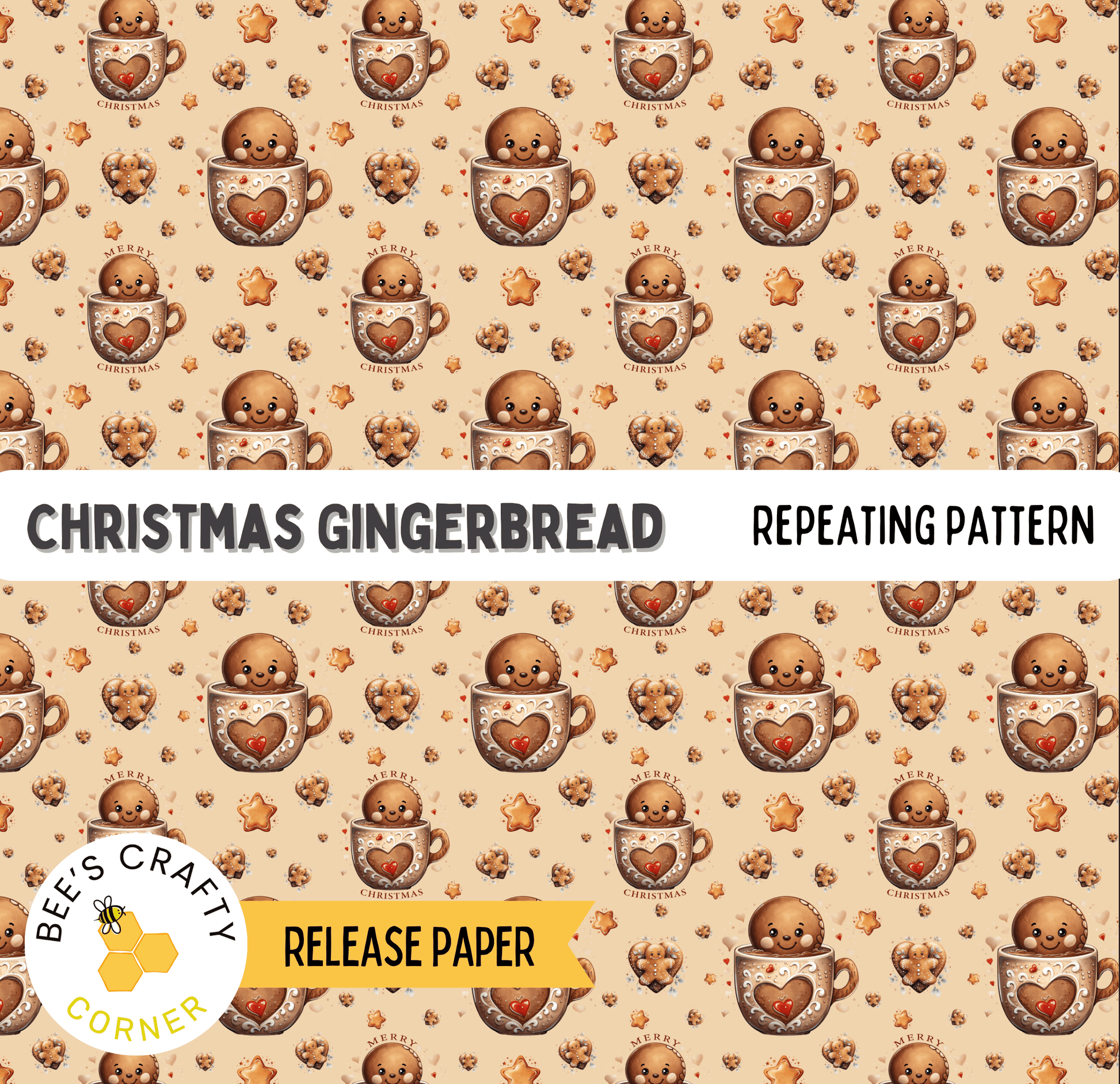 The image is a repeating pattern of Christmas gingerbread cookies and cups, with a repeating pattern of brown cookies and cups adorned with red hearts and stars.
