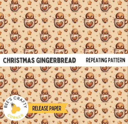 The image is a repeating pattern of Christmas gingerbread cookies and cups, with a repeating pattern of brown cookies and cups adorned with red hearts and stars.
