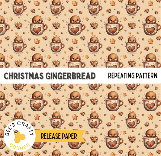 The image is a repeating pattern of Christmas gingerbread cookies and cups, with a repeating pattern of brown cookies and cups adorned with red hearts and stars.