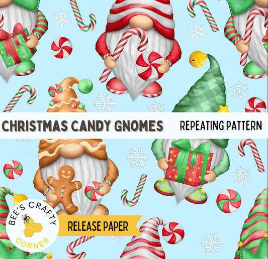 The image is a repeating pattern of Christmas candy gnomes, featuring various gnomes holding candy canes, gingerbread men, and presents against a blue background with snowflakes.