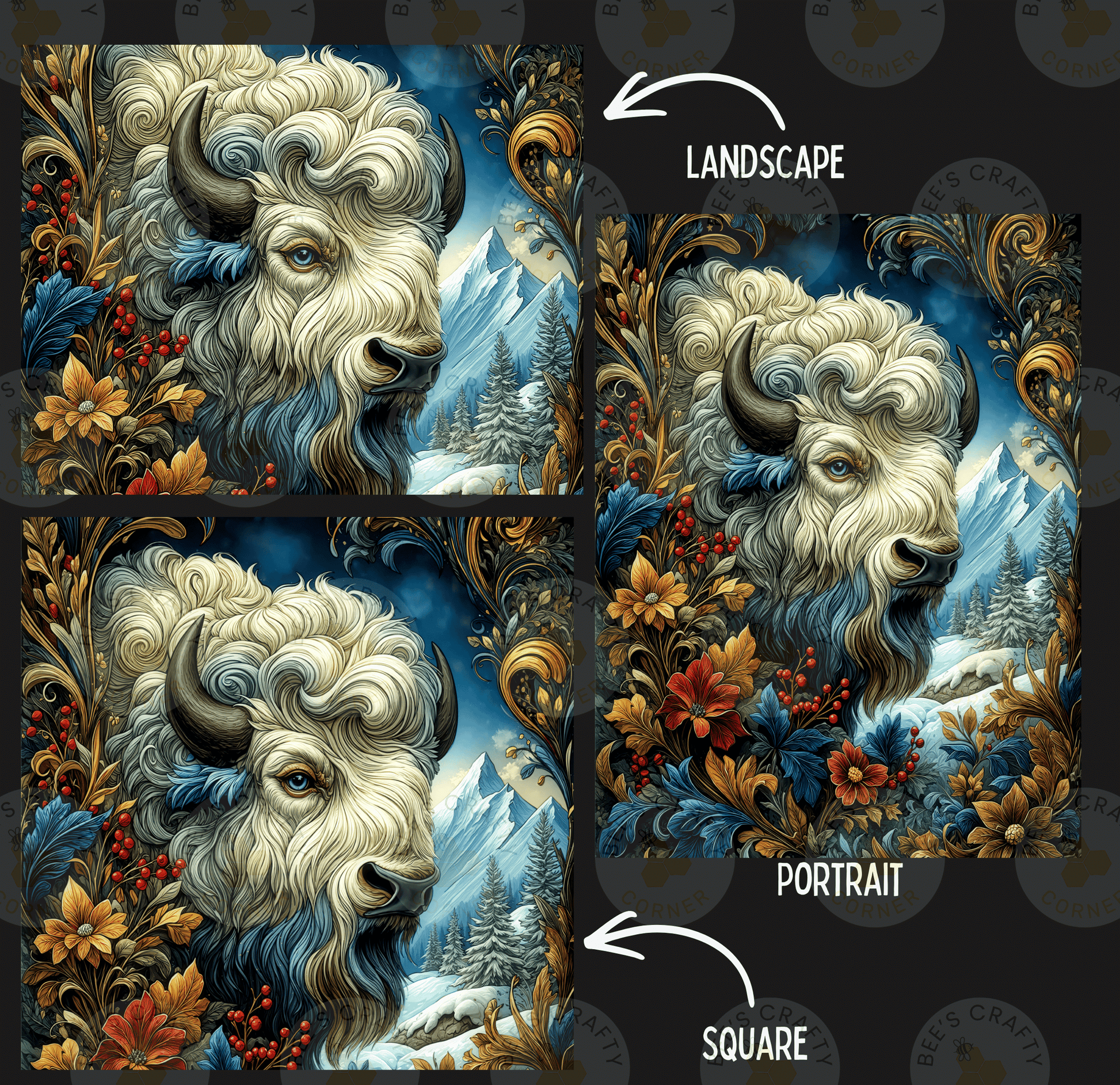The image is a collage of three images depicting a landscape with a large white buffalo or bison in the center. The first image shows the buffalo in profile, the second image shows the buffalo in a landscape, and the third image shows the buffalo in a portrait.