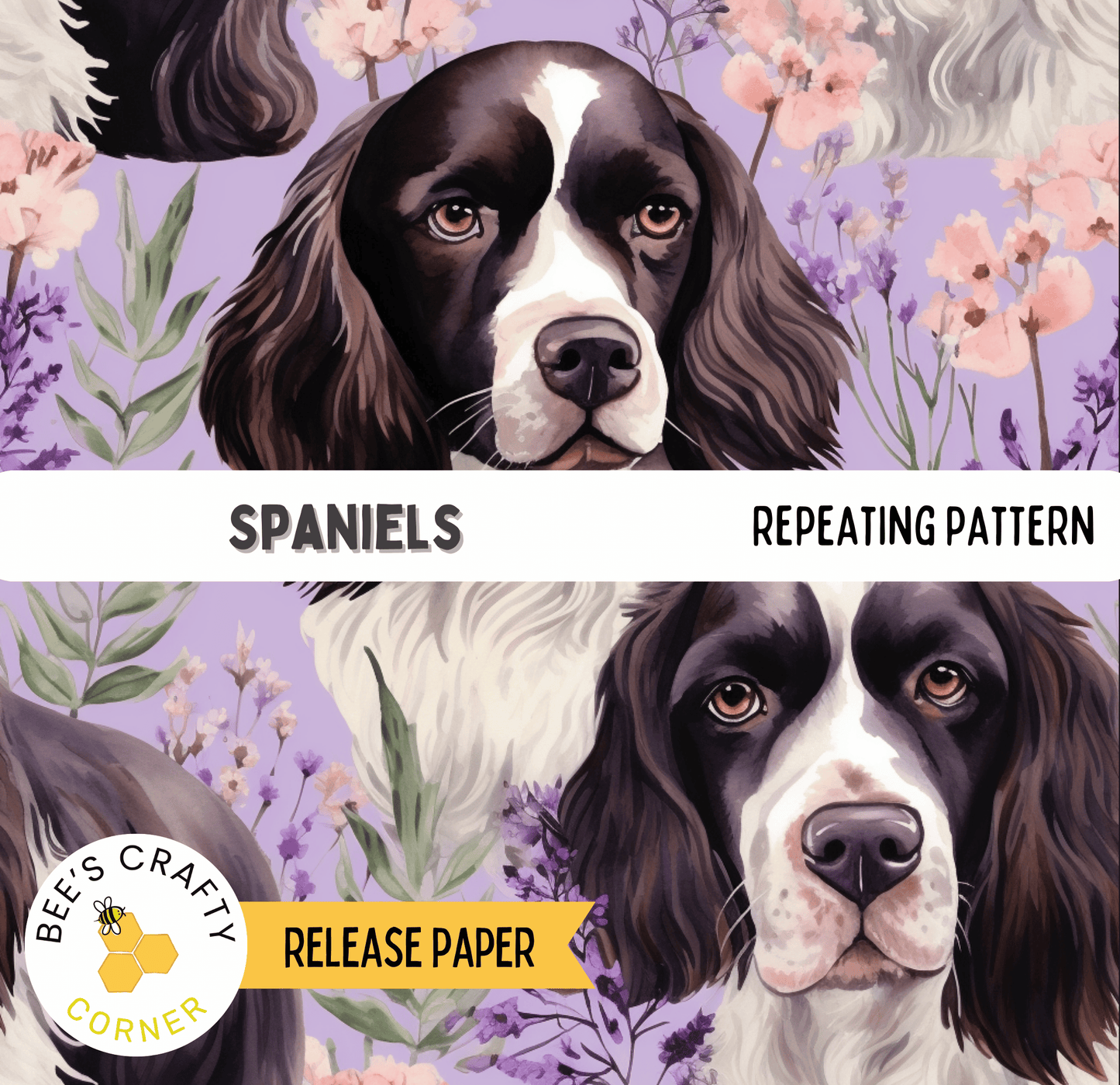 The image is a collage of two images featuring a black and white Spaniel dog with a repeating pattern of pink flowers and green leaves.