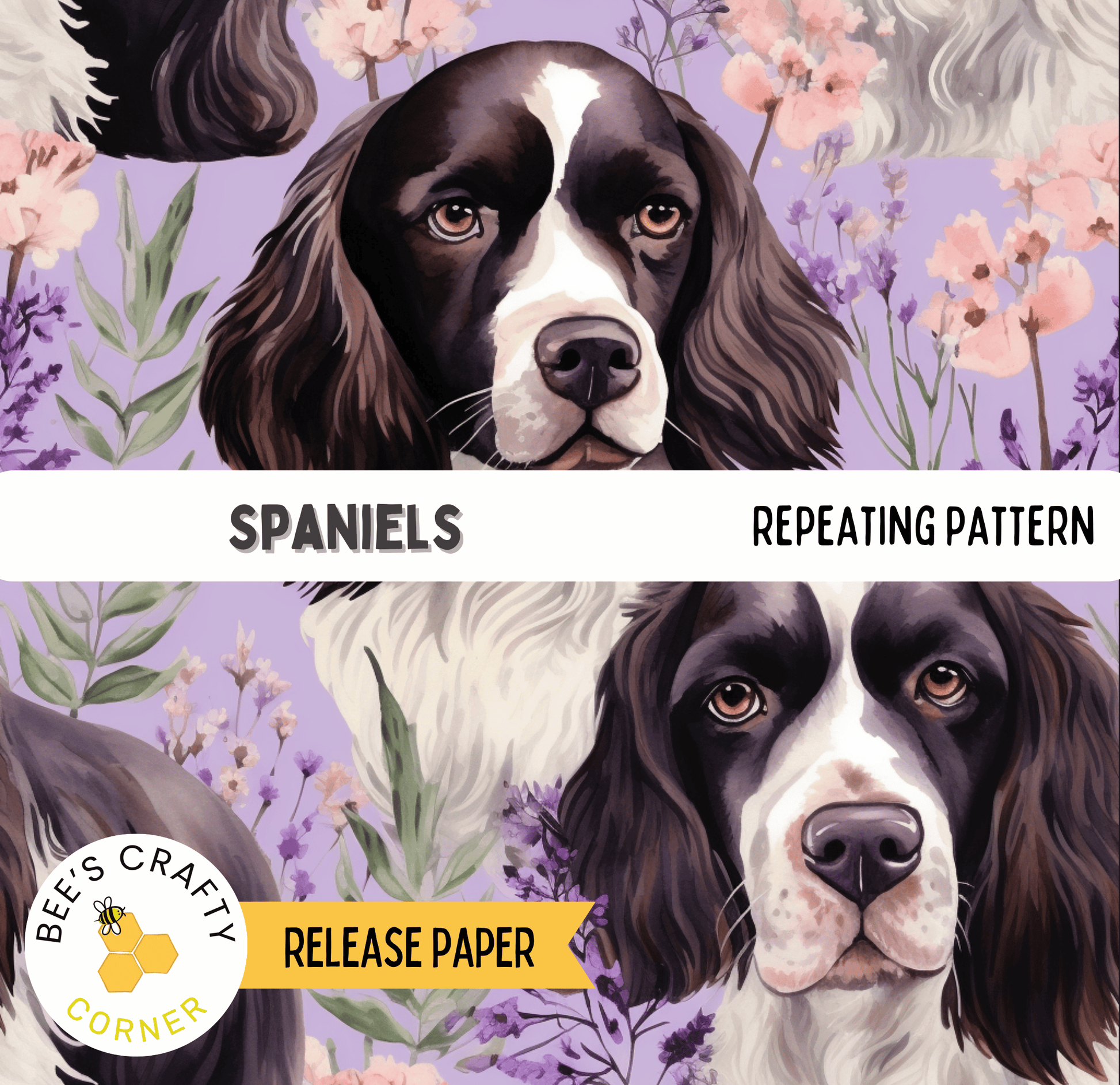 The image is a collage of two images featuring a black and white Spaniel dog with a repeating pattern of pink flowers and green leaves.