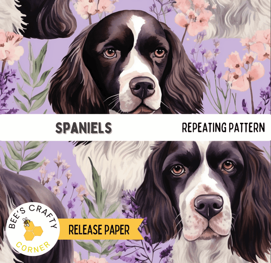 The image is a collage of two images featuring a black and white Spaniel dog with a repeating pattern of pink flowers and green leaves.