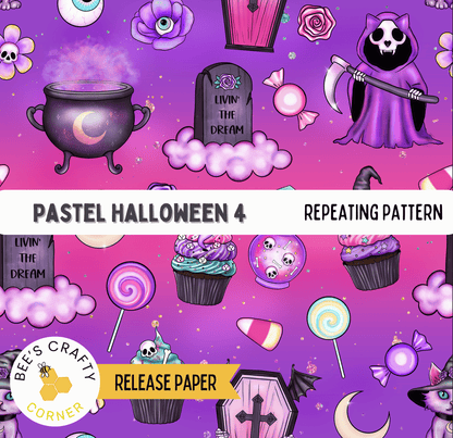 The image is a repeating pattern of Halloween-themed illustrations, including a cauldron, tombstone, skull, bat, candy, and other spooky and festive elements.