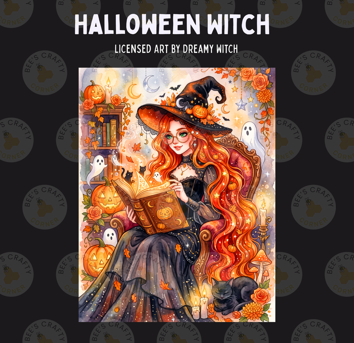 The image is a Halloween-themed illustration featuring a woman with long, flowing red hair dressed as a witch, holding a book and surrounded by various Halloween-related elements such as pumpkins, bats, and ghostly figures.