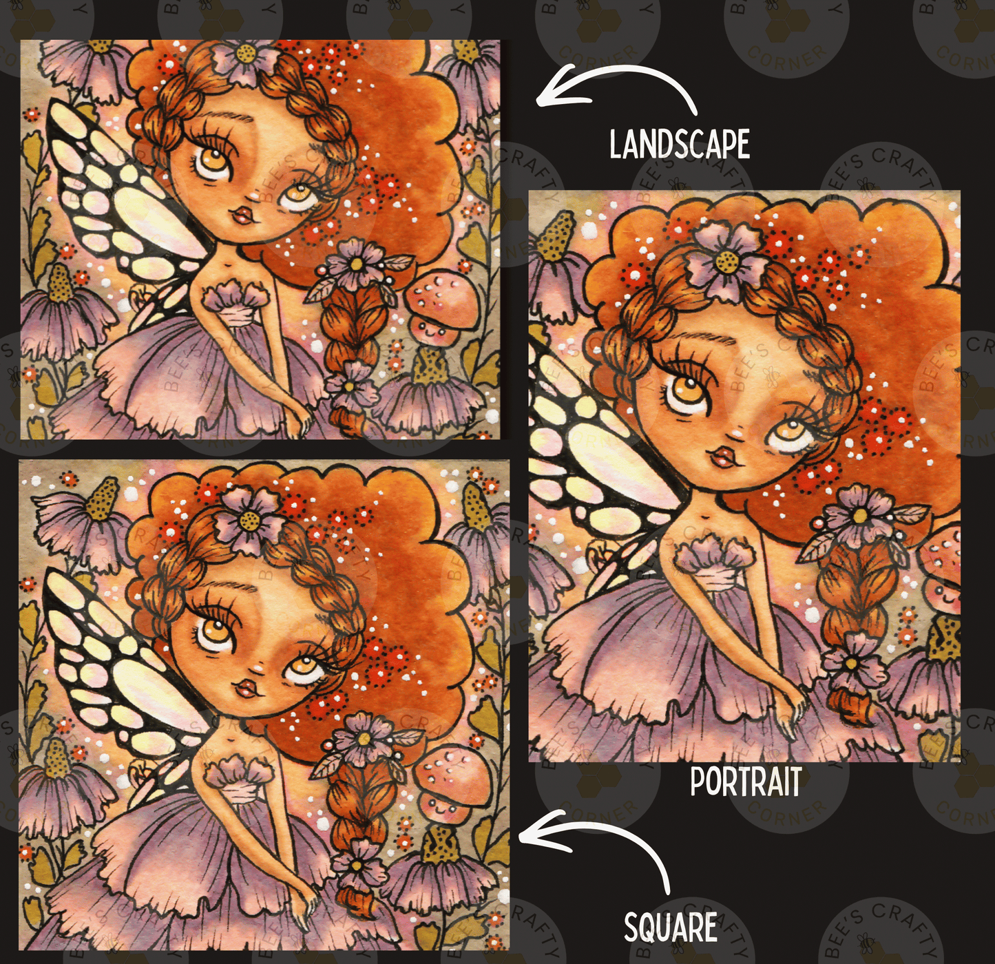 The image is a collage of three images depicting a fairy with a pink dress and flowers, labeled as a landscape, portrait, and square.