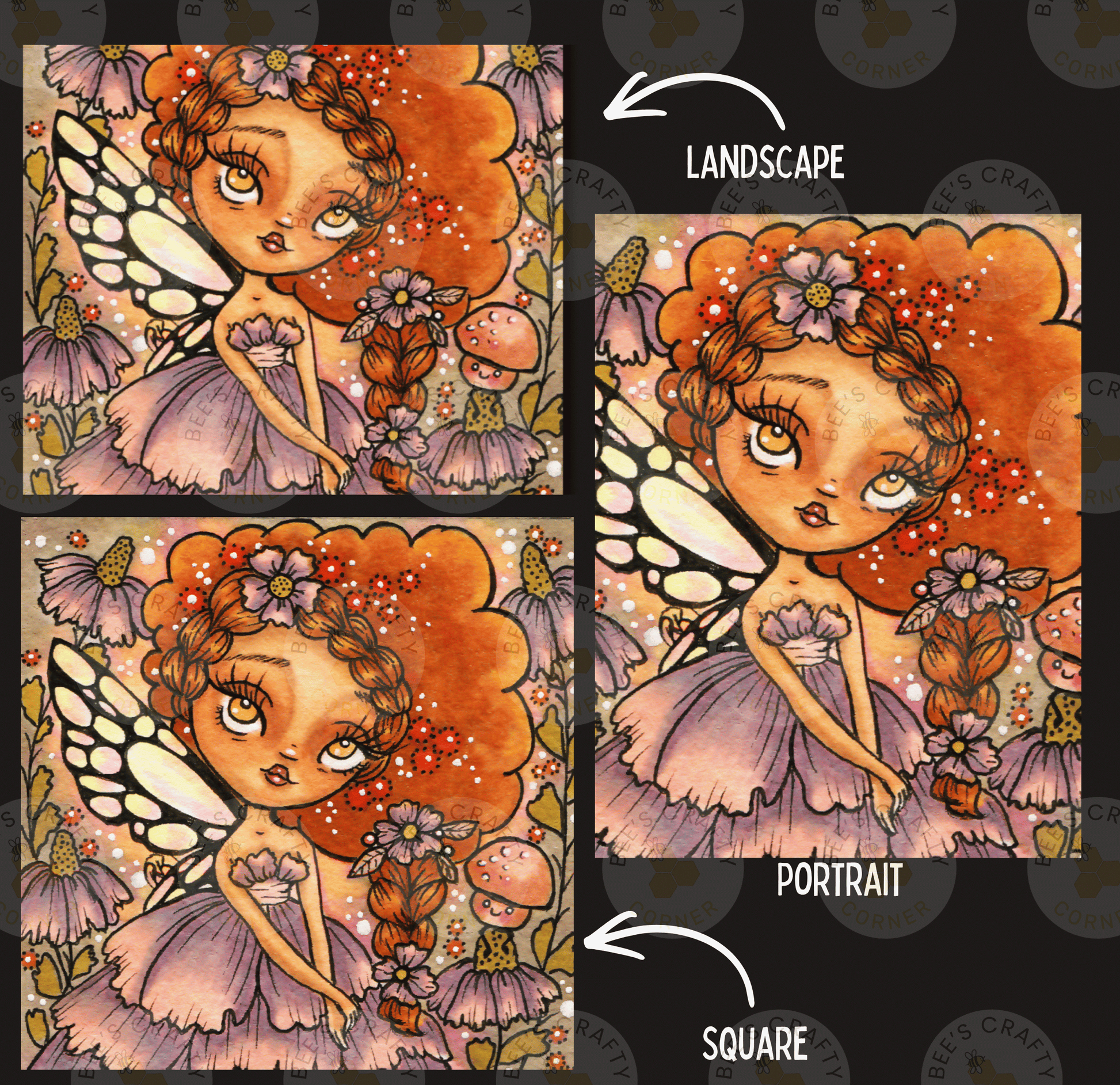 The image is a collage of three images depicting a fairy with a pink dress and flowers, labeled as a landscape, portrait, and square.