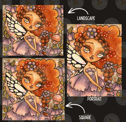The image is a collage of three images depicting a fairy with a pink dress and flowers, labeled as a landscape, portrait, and square.
