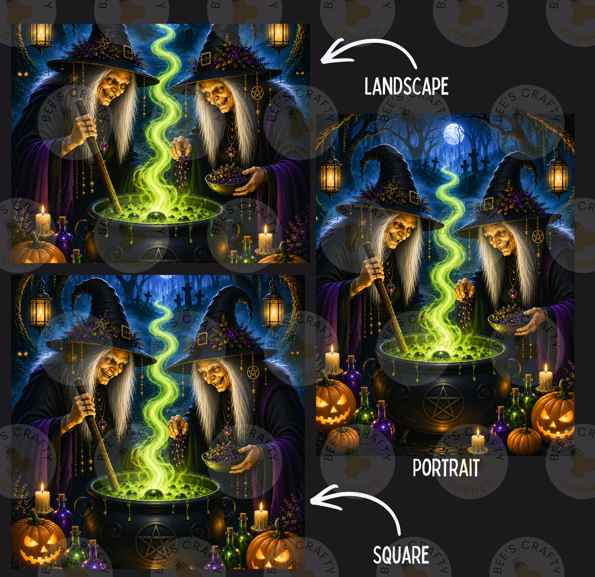 The image is a collage of three pictures depicting two women in witch costumes, each holding a cauldron and surrounded by Halloween-themed elements such as pumpkins, candles, and green smoke.