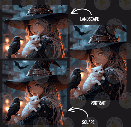 The image is a collage of three images depicting a woman in a witch's hat holding a white cat and two black birds. The images are labeled as "Landscape" and "Portrait" and are shown in different sizes, with the largest image being a square.