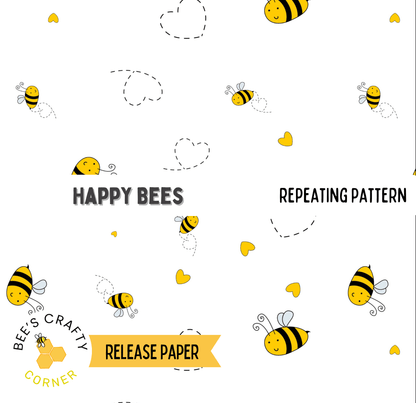 a repeating pattern of cartoon-style bees and hearts, with the text "HAPPY BEES" and "REPEATING PATTERN" visible. The phrase "RELEASE PAPER" is also present, suggesting that this is a release paper or a printed material related to the bees and hearts pattern.