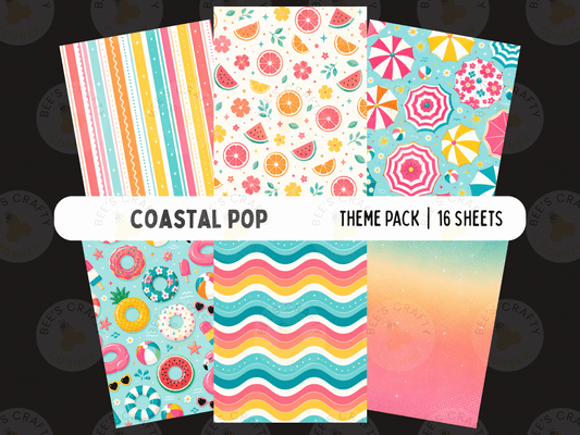 The image is a collection of six colorful and vibrant patterned papers or backgrounds, each with a unique design and color scheme. The text "COASTAL POP" is displayed prominently, indicating the theme of the theme pack.