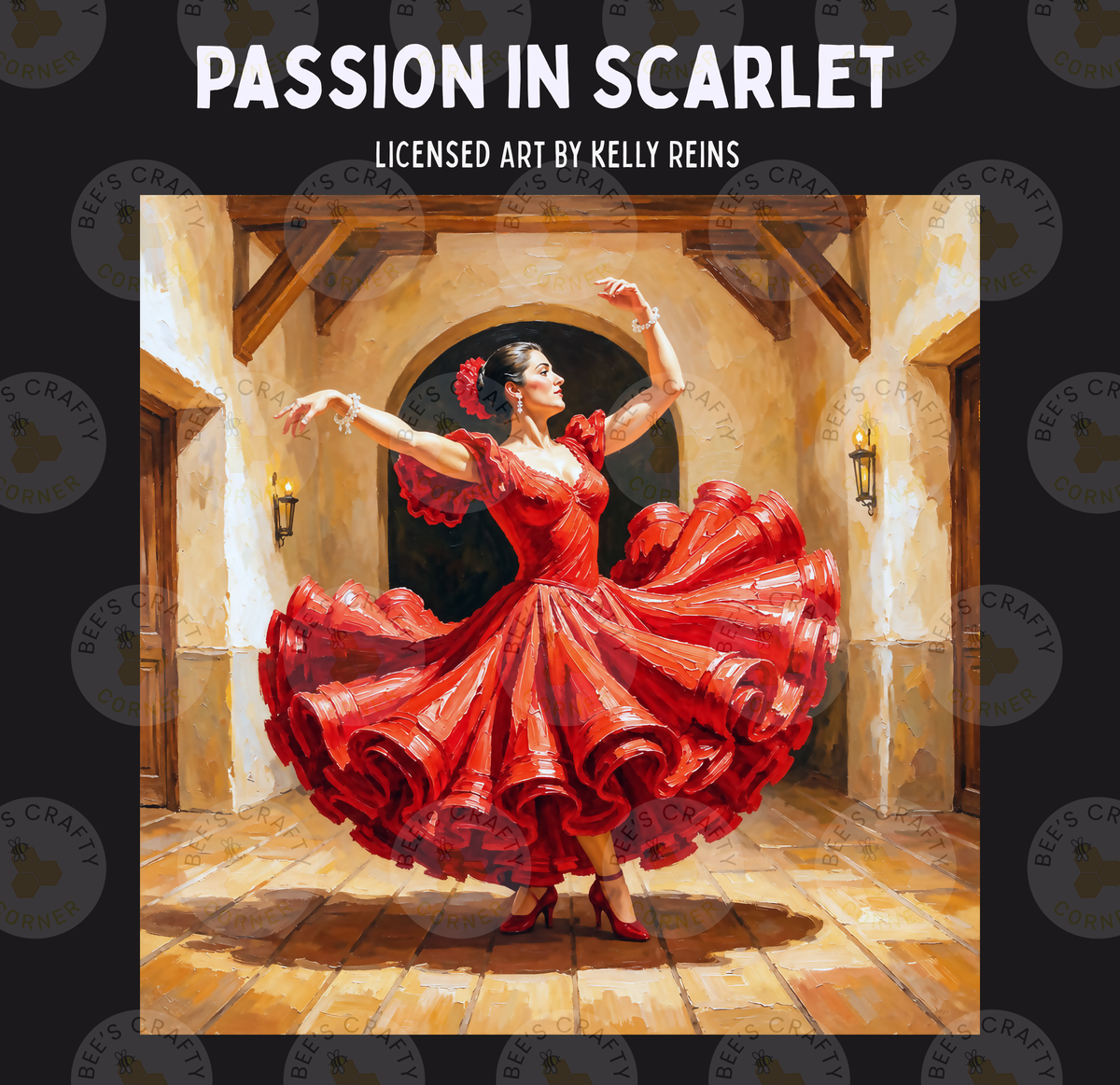 A woman in a red, ruffled dress is dancing gracefully in a doorway, her arms outstretched and her hair styled in an elegant updo.