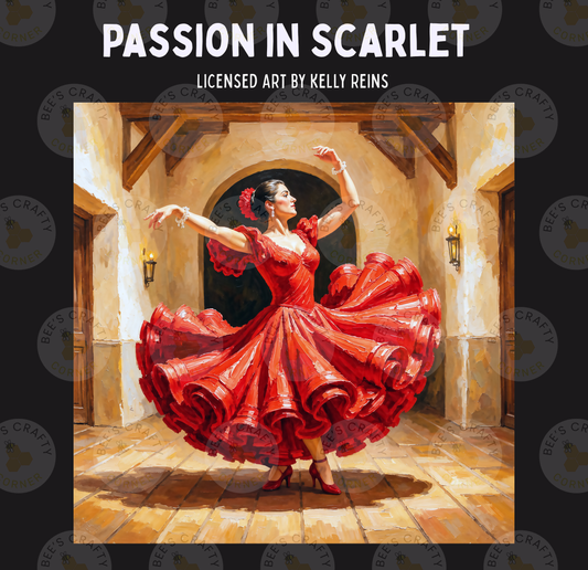 A woman in a red, ruffled dress is dancing gracefully in a doorway, her arms outstretched and her hair styled in an elegant updo.