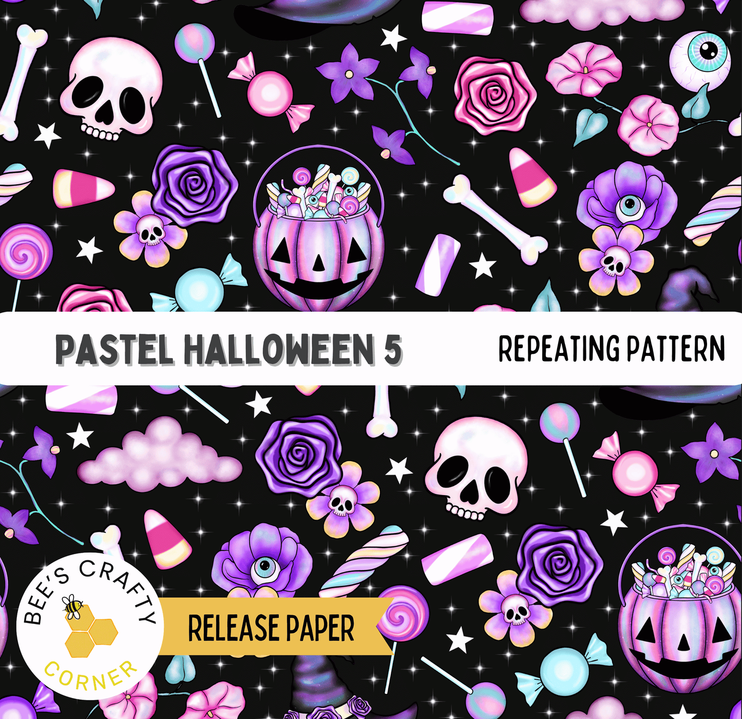 The image is a repeating pattern of Halloween-themed items, including skulls, candy canes, roses, and other spooky and festive decorations, all set against a black background with stars and other celestial elements.