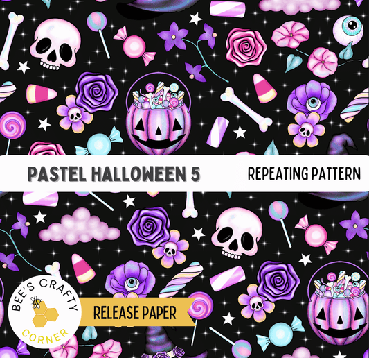 The image is a repeating pattern of Halloween-themed items, including skulls, candy canes, roses, and other spooky and festive decorations, all set against a black background with stars and other celestial elements.